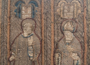 Two large linen, silk- and silverthread orphrey fragments depicting saints below arcatures, Spain, early 17th C.