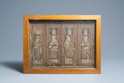 Two large linen, silk- and silverthread orphrey fragments depicting saints below arcatures, Spain, early 17th C.