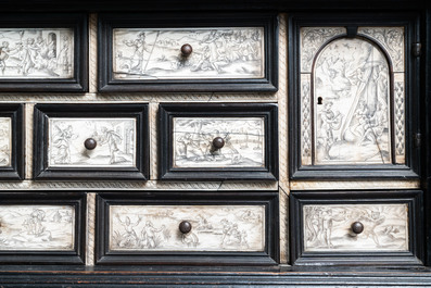 An ebony veneer cabinet with engraved ivory plaques, Italy, 17th C.