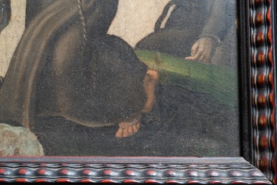 French school, painting on stone, 17th C.: the Virgin Mary entrusts the Child to Saint Dominic