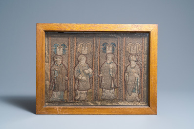 Two large linen, silk- and silverthread orphrey fragments depicting saints below arcatures, Spain, early 17th C.