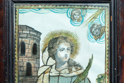 A Saint Barbara engraving heightened with gilding, polychromy and silver thread, 17th C.