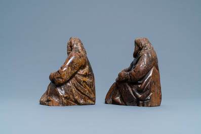 A pair of figuratively carved oak church bank ends, England, 14/15th C.
