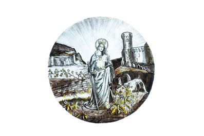 Sign&eacute; Le Pluy, Lille: deux rondels repr&eacute;sentant Sainte Catherine et Sainte Barbe en verre peint en grisaille et jaune d'argent, 19/20&egrave;me