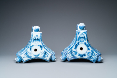 A pair of rare Dutch Delft blue and white candlestick bases, late 17th C.