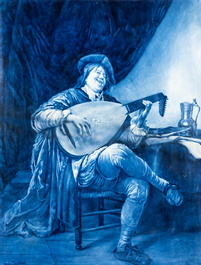 A large Dutch Delft blue and white Porceleyne Fles plaque: 'Self-portrait as a lute player', after Jan Steen, 20th C.