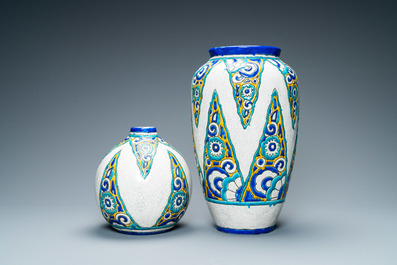 Two Boch Keramis Art Deco vases with crackled glazes, 1st half 20th C.