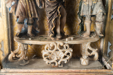 A polychromed and gilded alabaster 'flagellation' group in glass display, South-Italy, 17th C.