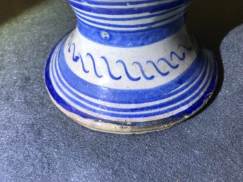 A blue and white Antwerp maiolica 'a foglie' wet drug jar, mid 16th C.