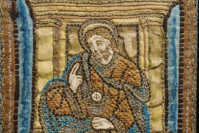 An embroidered textile fragment depicting Christ on the throne holding a chalice, Italy, 16th C.