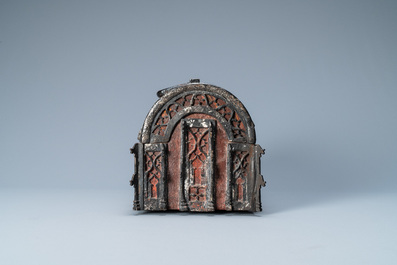 A partly red painted cast iron casket, France, 15th C.