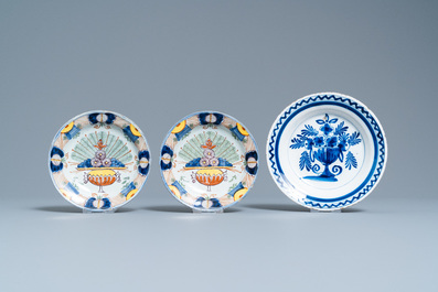 A varied collection of Dutch Delft blue and white and polychrome pottery, 18th C.