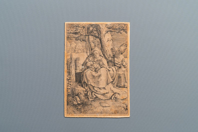 Lucas van Leyden (1494 - 1533), gravure sur papier, 16&egrave;me: La Vierge &agrave; l'Enfant et deux anges