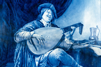 A large Dutch Delft blue and white Porceleyne Fles plaque: 'Self-portrait as a lute player', after Jan Steen, 20th C.