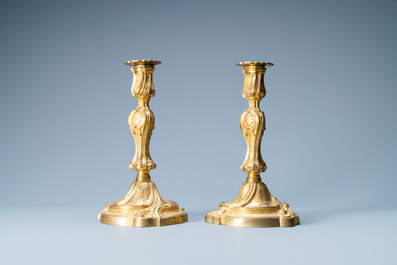 A pair of gilded bronze candlesticks, France, 18th C.