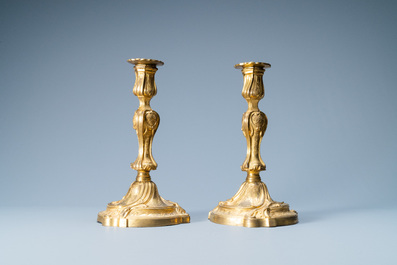 A pair of gilded bronze candlesticks, France, 18th C.