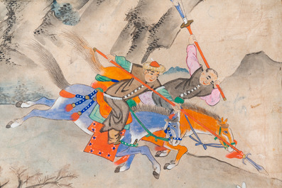 Chinese school, ink and color on paper: 'Five hunting scenes', 19th C.