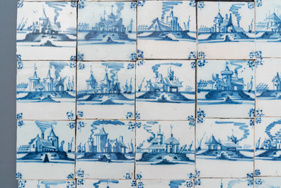 Zevenenzeventig blauw-witte Delftse tegels met landschappen, eind 18e eeuw