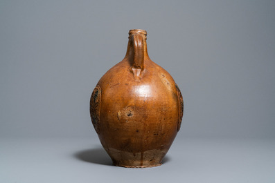 A German cobalt-splashed stoneware bellarmine jug, Frechen, 17th C.