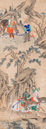 Chinese school, ink and color on paper: 'Five hunting scenes', 19th C.