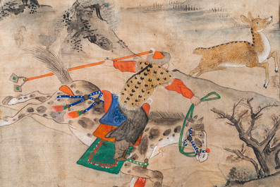 Chinese school, ink and color on paper: 'Five hunting scenes', 19th C.