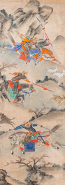 Chinese school, ink and color on paper: 'Five hunting scenes', 19th C.