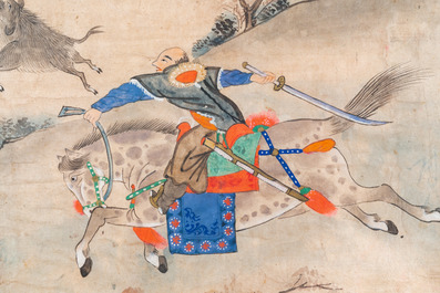 Chinese school, ink and color on paper: 'Five hunting scenes', 19th C.