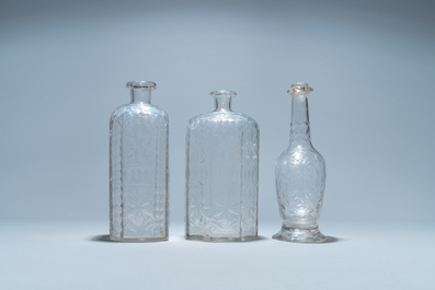 Three weel-cut glass bottles, probably Liege, 18/19th C.