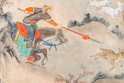 Chinese school, ink and color on paper: 'Five hunting scenes', 19th C.