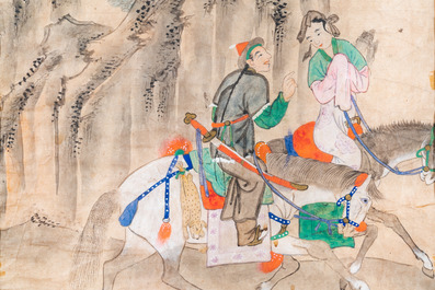 Chinese school, ink and color on paper: 'Five hunting scenes', 19th C.