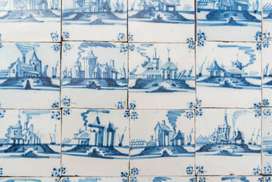 Zevenenzeventig blauw-witte Delftse tegels met landschappen, eind 18e eeuw