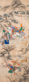 Chinese school, ink and color on paper: 'Five hunting scenes', 19th C.