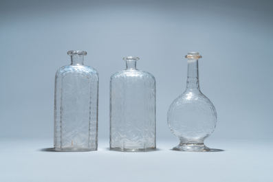 Three weel-cut glass bottles, probably Liege, 18/19th C.