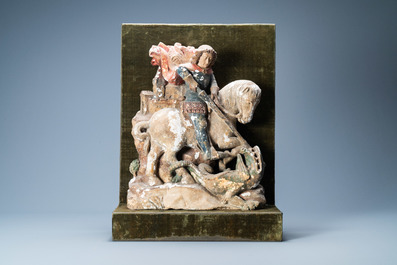 Un groupe en pierre polychrom&eacute; repr&eacute;sentant Saint Georges terrassant le dragon, probablement Allemagne, 15&egrave;me