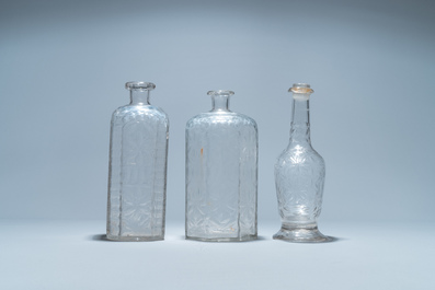 Three weel-cut glass bottles, probably Liege, 18/19th C.