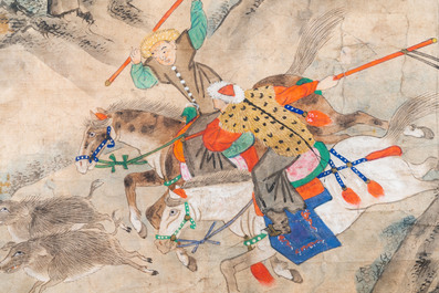 Chinese school, ink and color on paper: 'Five hunting scenes', 19th C.