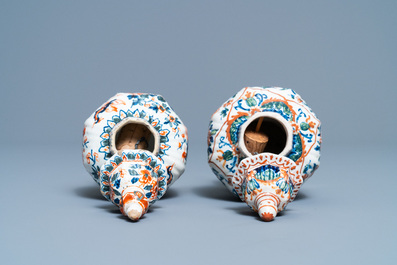 A polychrome petit feu and gilded Dutch Delft covered vase, a shoe and a pair of cashmere palette covered vases, 18/19th C.