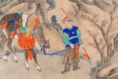 Chinese school, ink and color on paper: 'Five hunting scenes', 19th C.