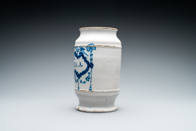 A blue and white Brussels faience albarello type drug jar, 18th C.