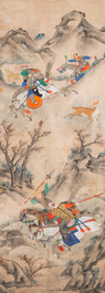 Chinese school, inkt en kleur op papier: 'Vijf jachtsc&egrave;nes', 19e eeuw