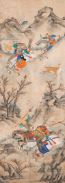 Chinese school, ink and color on paper: 'Five hunting scenes', 19th C.