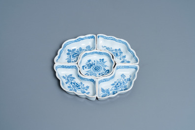 An English blue and white Delftware five-piece sweetmeat set, 18th C.