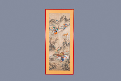 Chinese school, ink and color on paper: 'Five hunting scenes', 19th C.