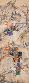 Chinese school, ink and color on paper: 'Five hunting scenes', 19th C.