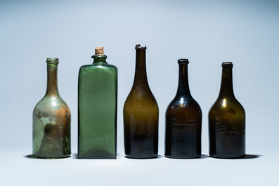 Five green glass bottles, 17/18th C.