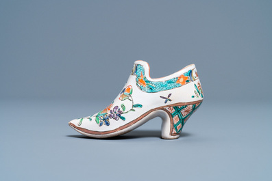 A polychrome petit feu and gilded Dutch Delft covered vase, a shoe and a pair of cashmere palette covered vases, 18/19th C.