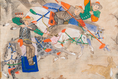 Chinese school, ink and color on paper: 'Five hunting scenes', 19th C.