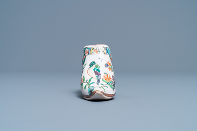 A polychrome petit feu and gilded Dutch Delft covered vase, a shoe and a pair of cashmere palette covered vases, 18/19th C.