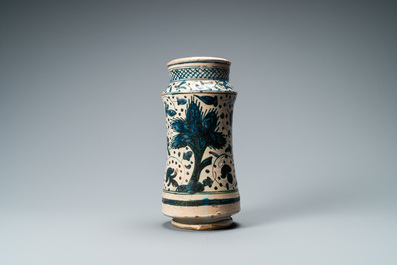 A Hispano-Moresque blue and white albarello with a deer, Paterna or Manises, Spain, mid 15th C.