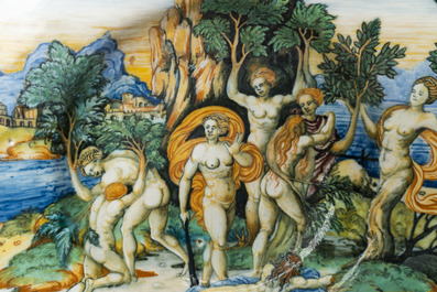 An Italian maiolica mythological subject 'The transformation of the Maenads' dish from the Lanciarini service, Urbino, 16th C.